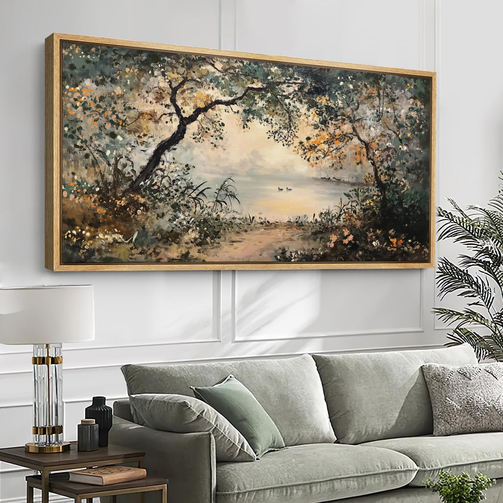 Extra Large Framed Canvas Print Wall Art Tranquil Forest Lake Impressionist Nature Landscape Illustrations Modern Art