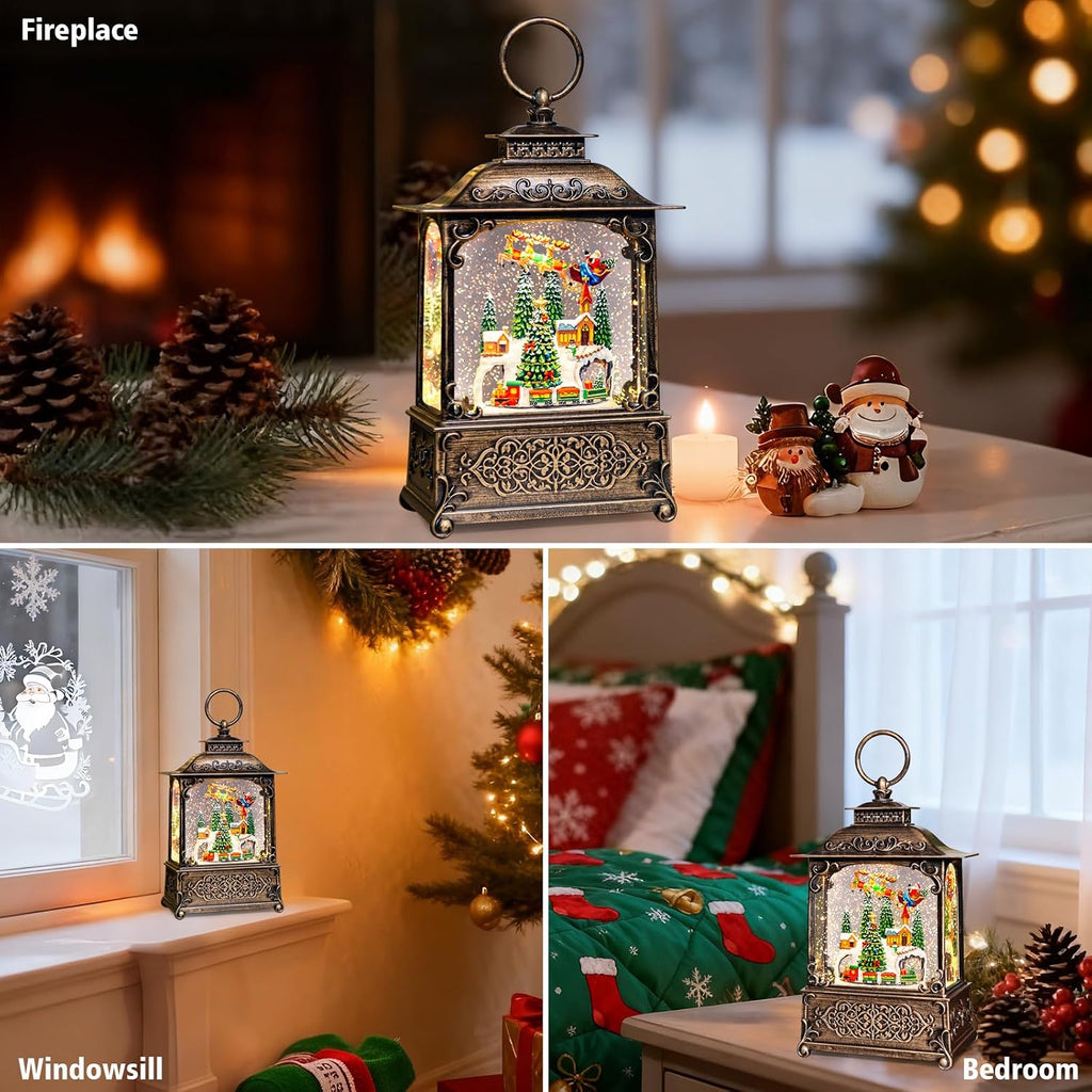 Christmas Snow Globes Lantern with Music, Winter Village Scene Snow Globes with Swirling Glitter Effects, USB/Battery