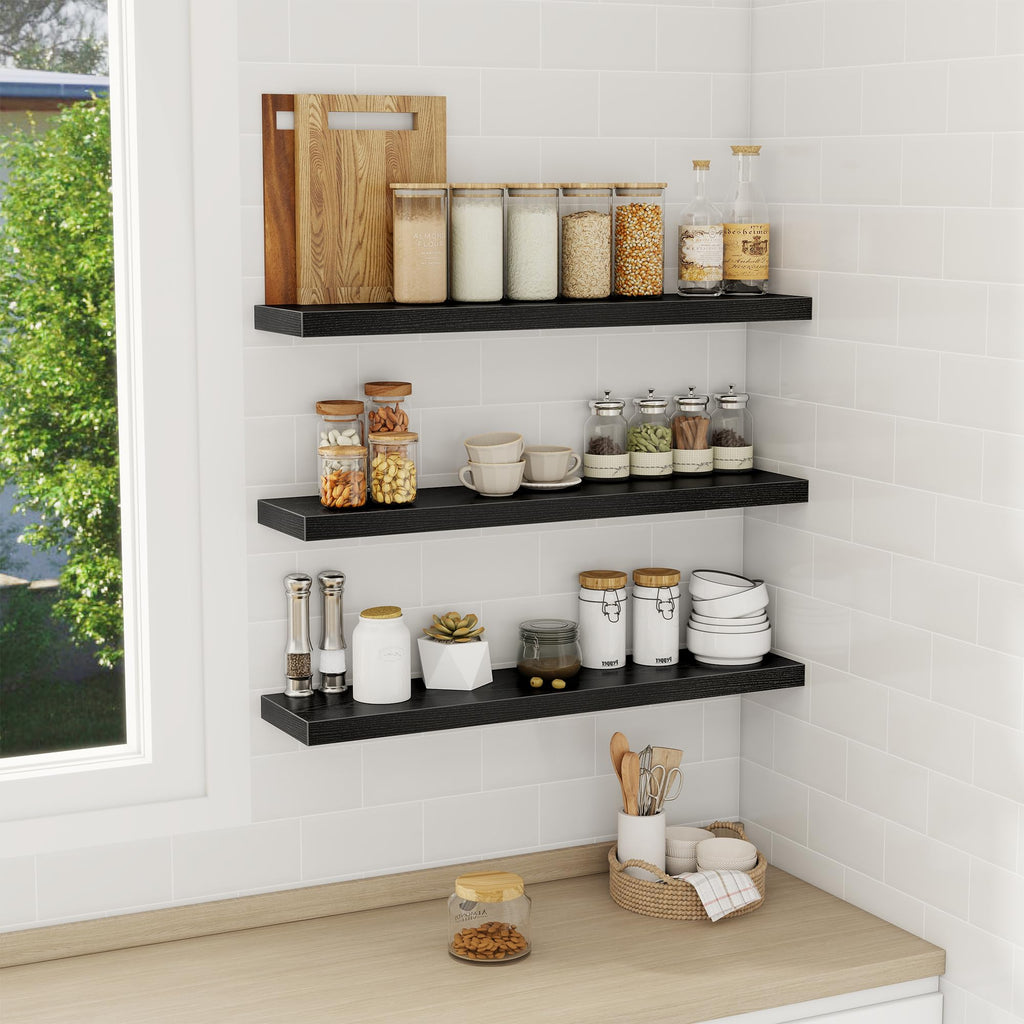 32 Inch Floating Shelves Wall Shelf Set of 3, Black Bathroom Shelves 32 Inch, Farmhouse Home Decor Living Room