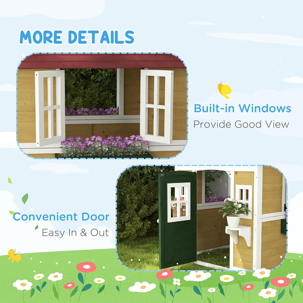 Outdoor Kids Playhouse with Dutch Door for Toddlers 3-8, Beige | Wooden, Windows, Flower Holders and Boxes, Cottage