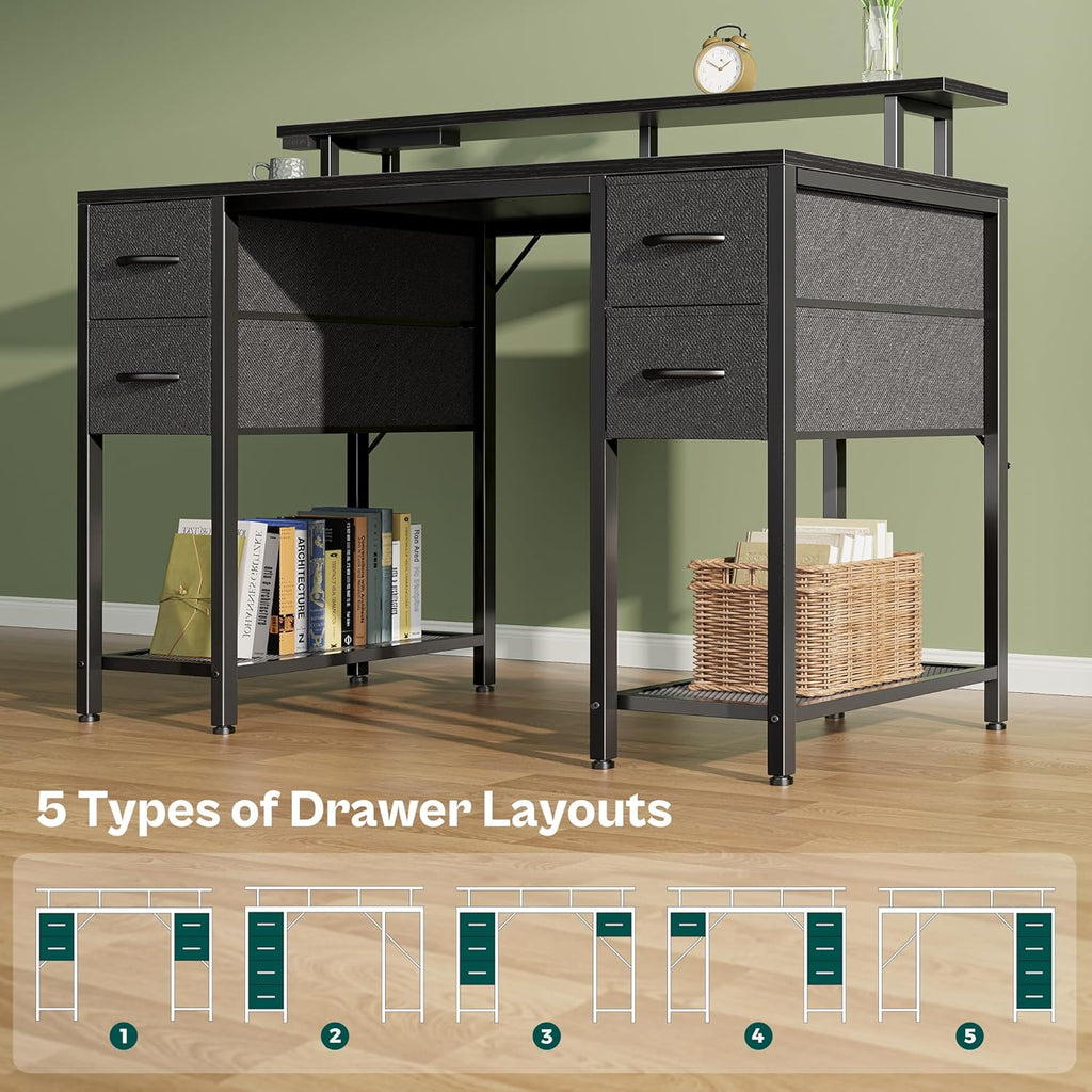 47 inch Computer Desk with 4 Drawers, Gaming Desk with LED Lights & Power Outlets