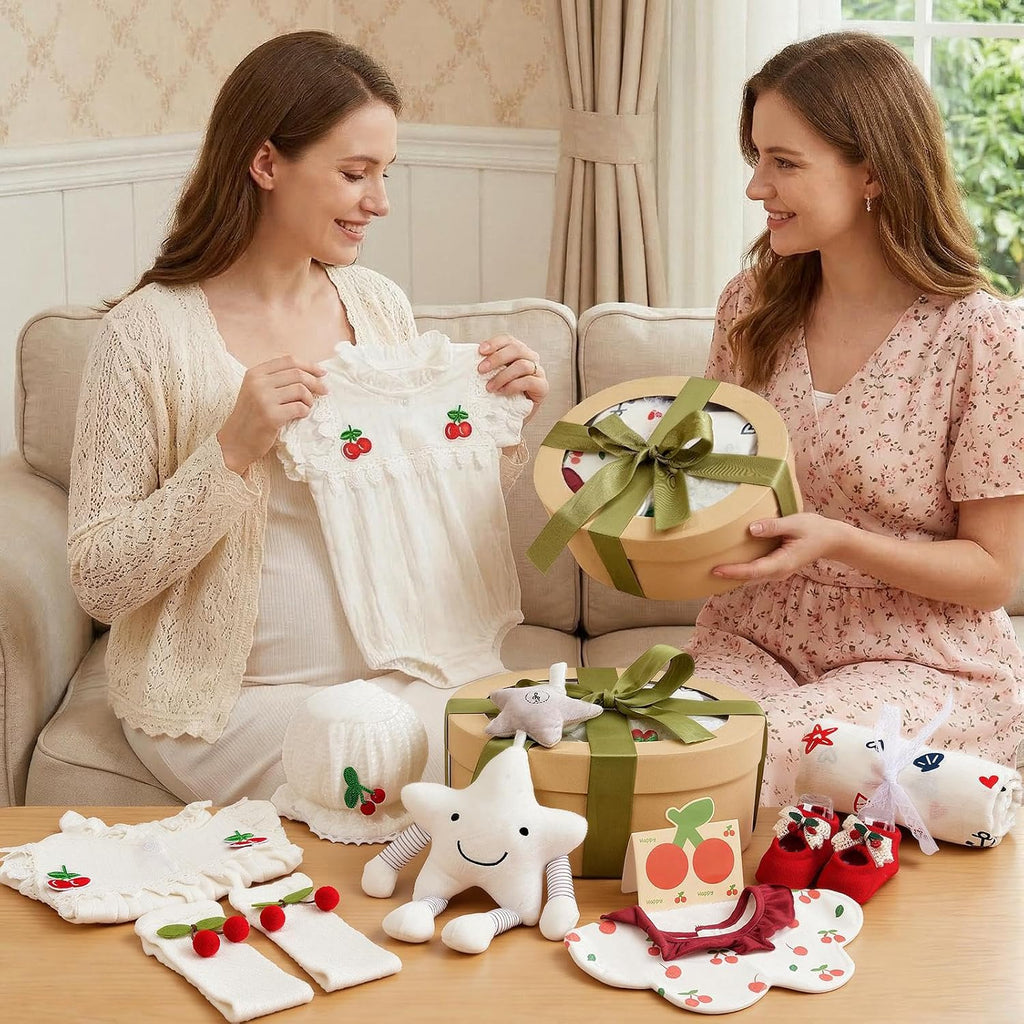Cherry Baby Shower Gifts for Girls, Baby Girl Gifts Baskets with Musical Plush Toy, Blanket/Bodysuit Set, New Born