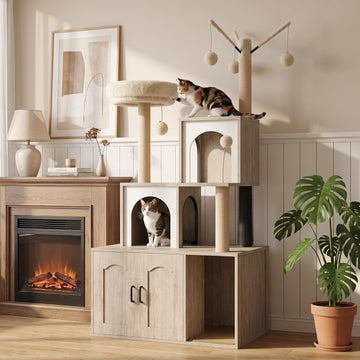 Cat Tree with Litter Box Enclosure All-in-One Cat Tower Cabinet Furniture
