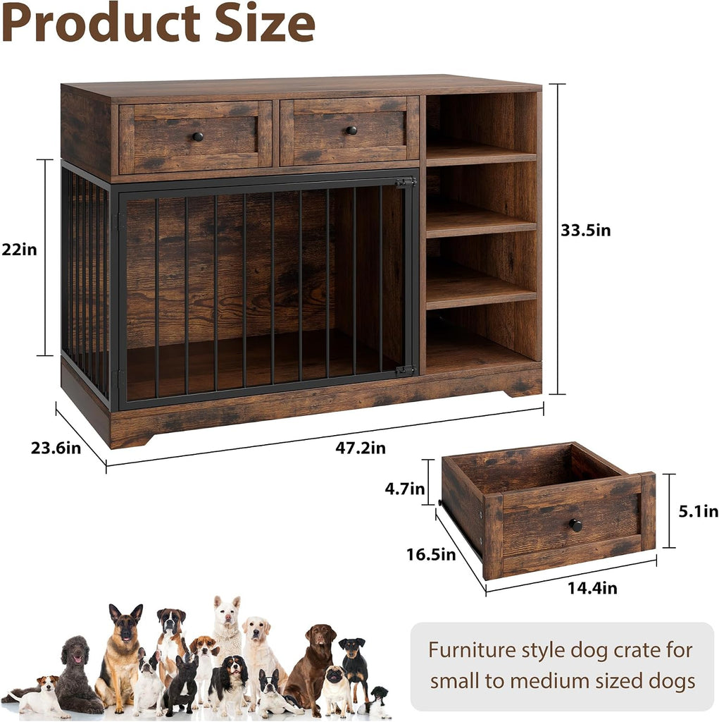 47.2" Dog Crate Furniture with 2 Drawers and 4 Shelves, Wood Dog Crate TV Stand, Large Dog Kennel Indoor for Small