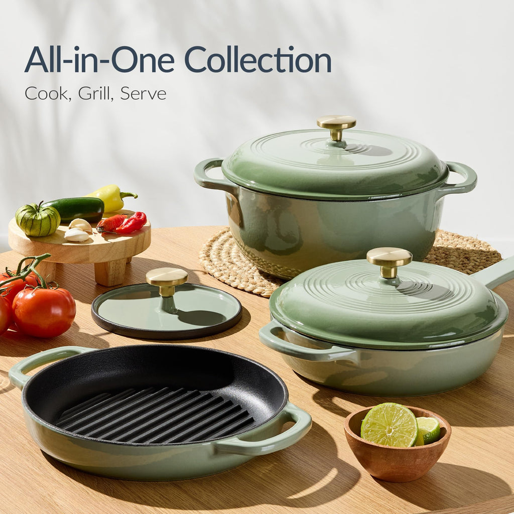 6-Piece Cast Iron Cookware Set, Ceramic Coated 6Qt Dutch Oven, 2Qt Skillet W/Lid, 10" Grill Pan W/Press, Non-toxic