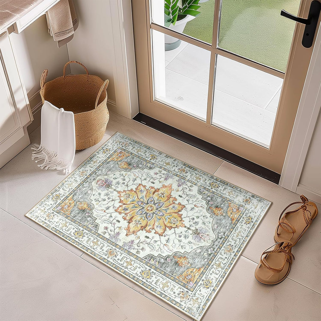 Area Rugs Washable Non-Slip, Floral Vintage Distress Print Pattern Medallion Carpet for Living Room Bedroom