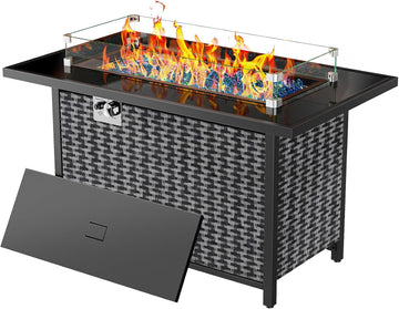 43′′ Propane Fire Pit with Glass Wind Guard, CSA-Listed 60,000 BTU Outdoor Gas Fire Pit Table, Tempered Glass Top