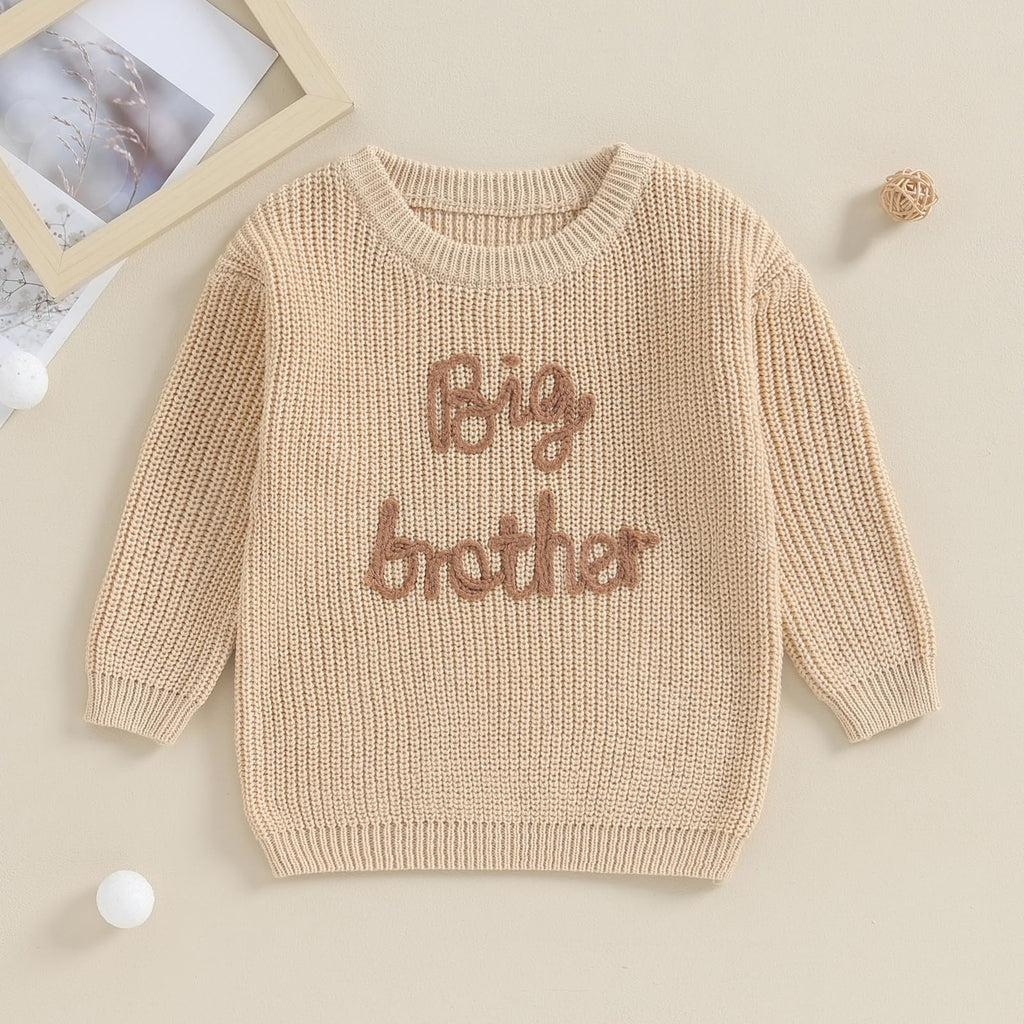 Big Brother Little Brother Matching Outfits Letter Embroidery Knit Sweater Shirt Baby Boy Winter Warm Clothes (Khaki
