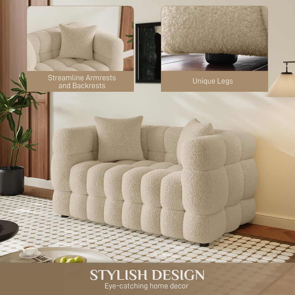 55" Boucle Cloud Loveseat with 2 Pillows, Light Brown