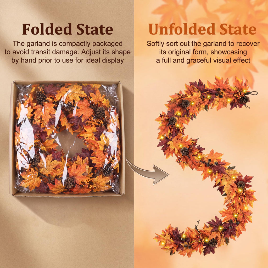 6Ft Fall Garland with 30 Lights & Timer Mantle Decor