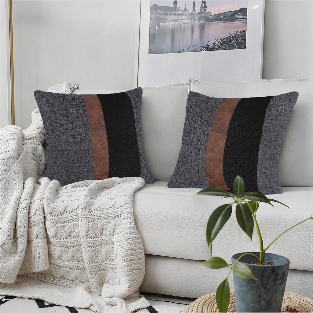 Thick Black Linen Farmhouse Lumbar Throw Pillow Cover Black Brown Color Block Decorative Linen Faux Leather Ticking