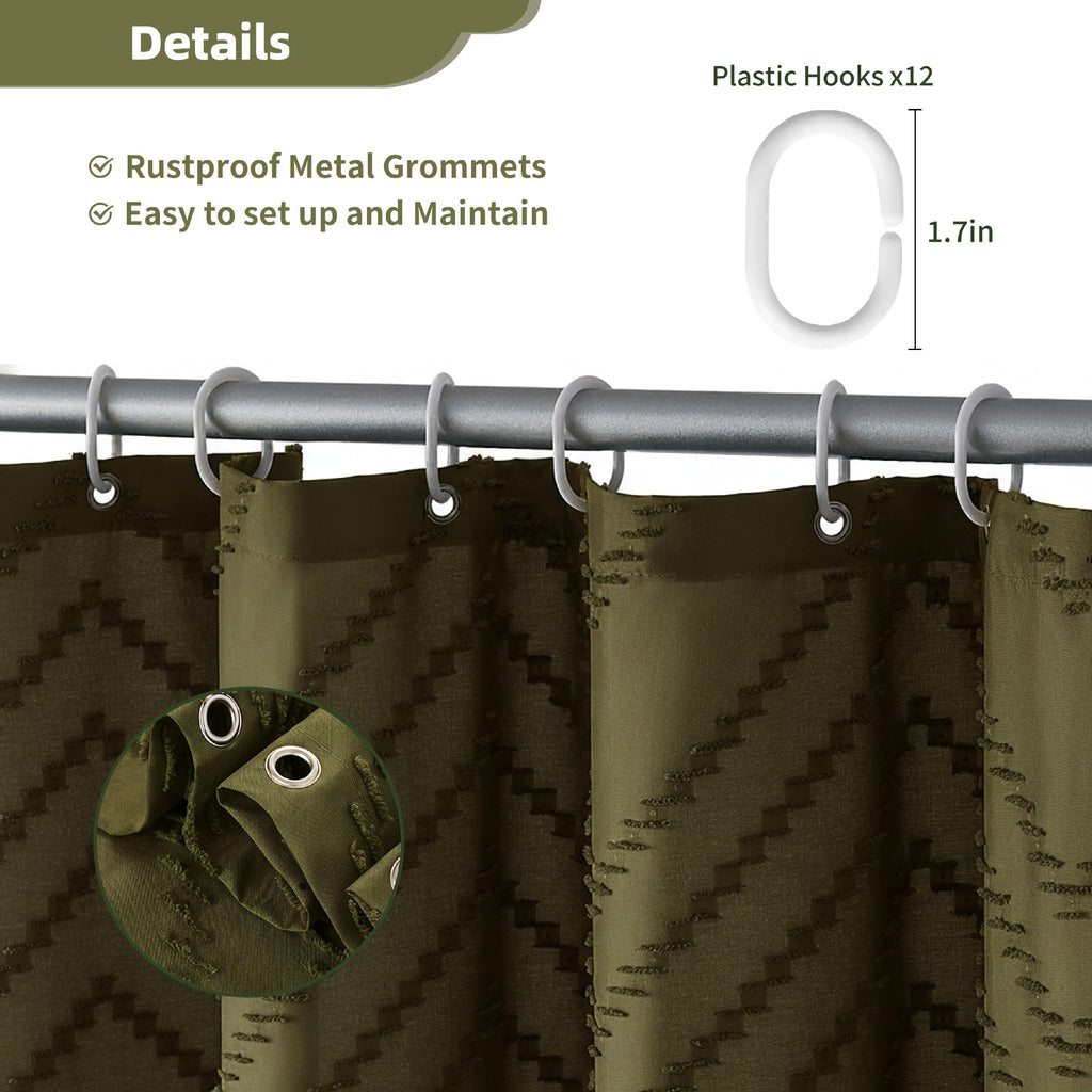 Extra Long Olive Green Boho Shower Curtain with Tassel, Woven Fabric 90 in Shower Curtain, Tufted Chevron Striped, 72