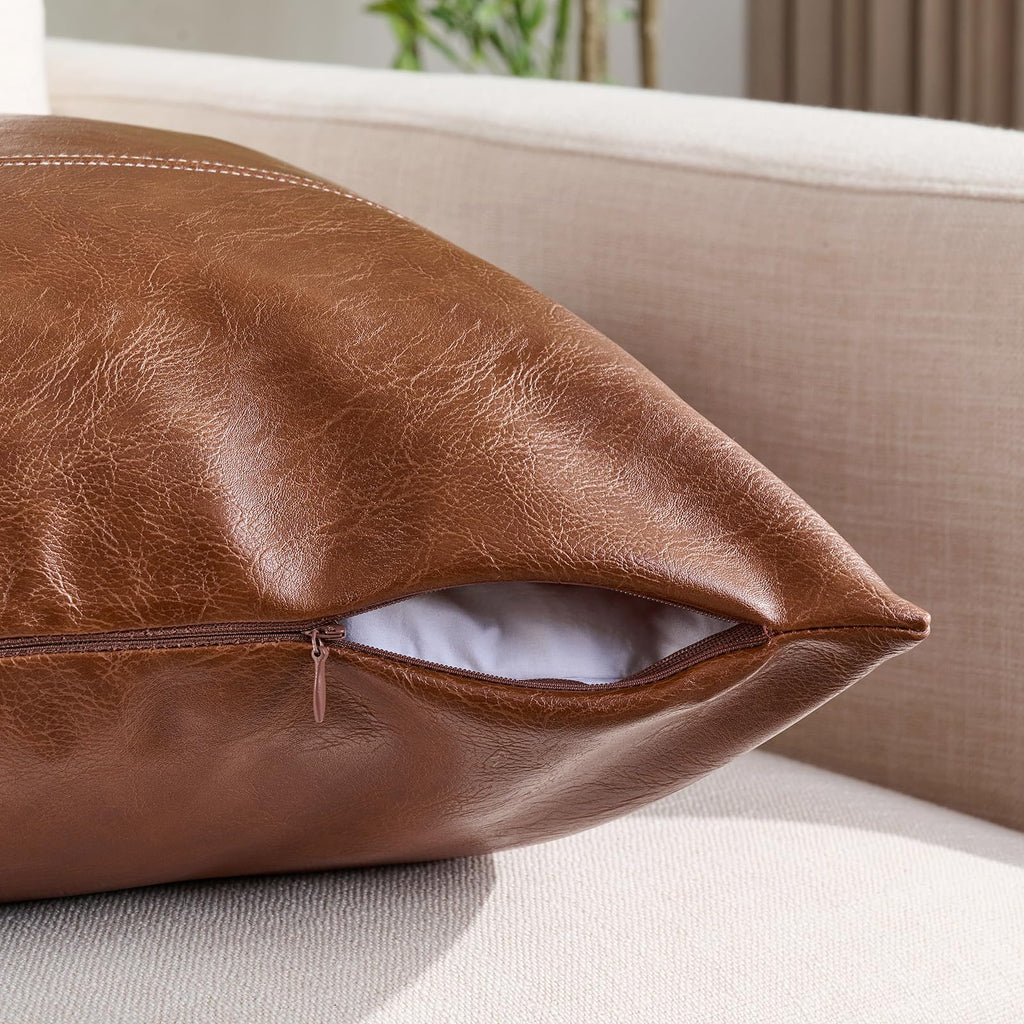 2 Packs Boho Brown Waterproof Faux Leather Decorative Throw Pillow Covers 18x18 Inch for Outdoor Couch Bed Sofa, Hand