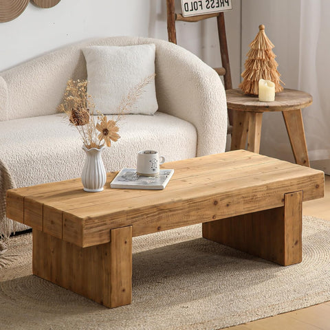 47.6" Coffee Table, Mid-Century Modern Solid Wood Coffee Table with Sturdy Base