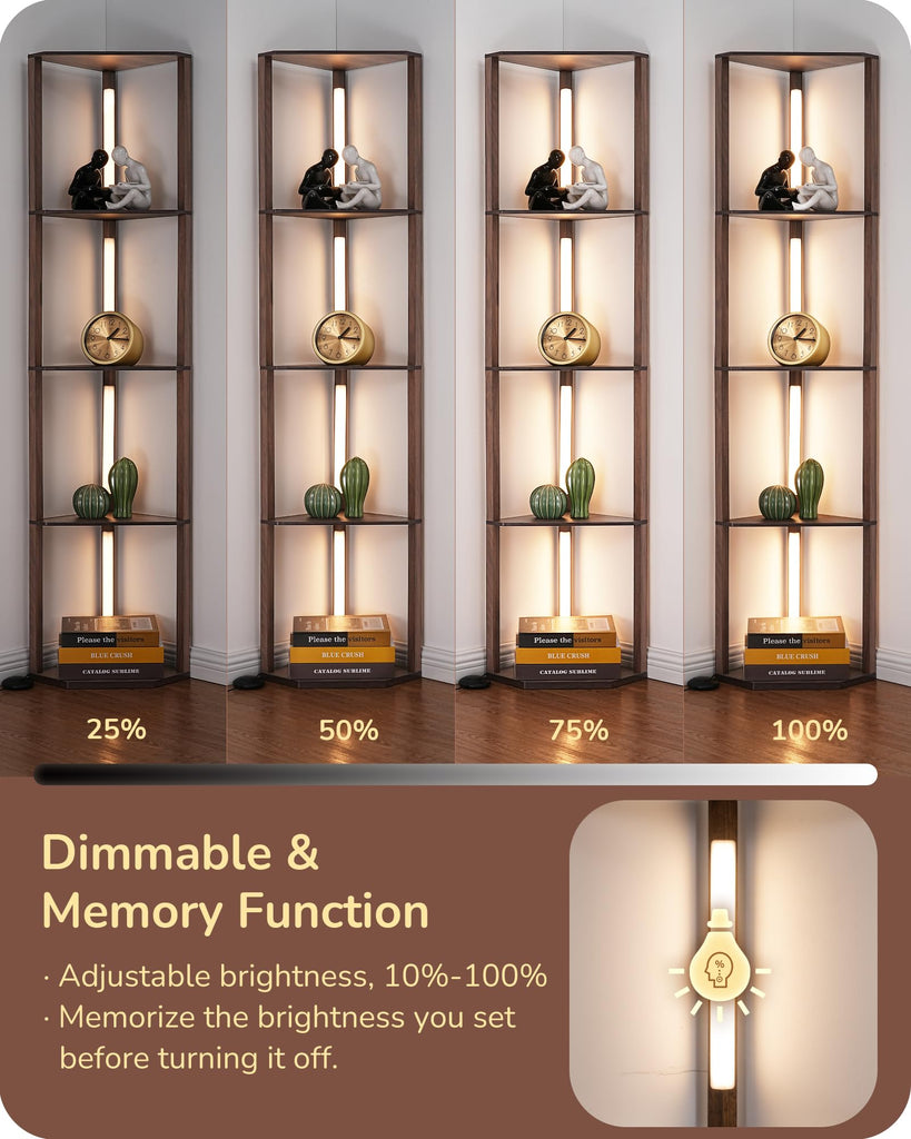 LED Corner Floor Lamp with Shelves, 3CCT, Walnut