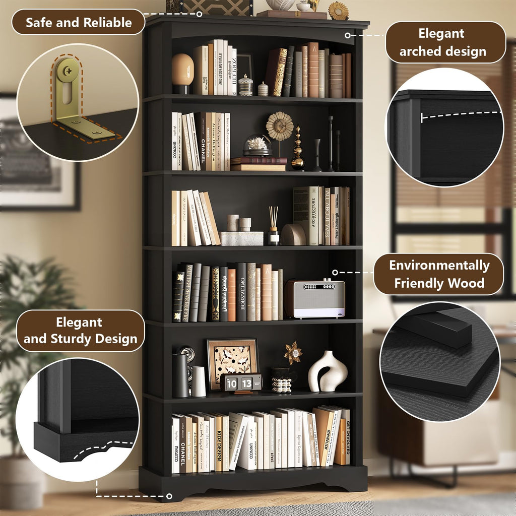 6-Tier Wooden Bookshelf, 76 Inch Tall Bookshelf with Storage, Floor Standing Modern Style Display Bookcase, Study