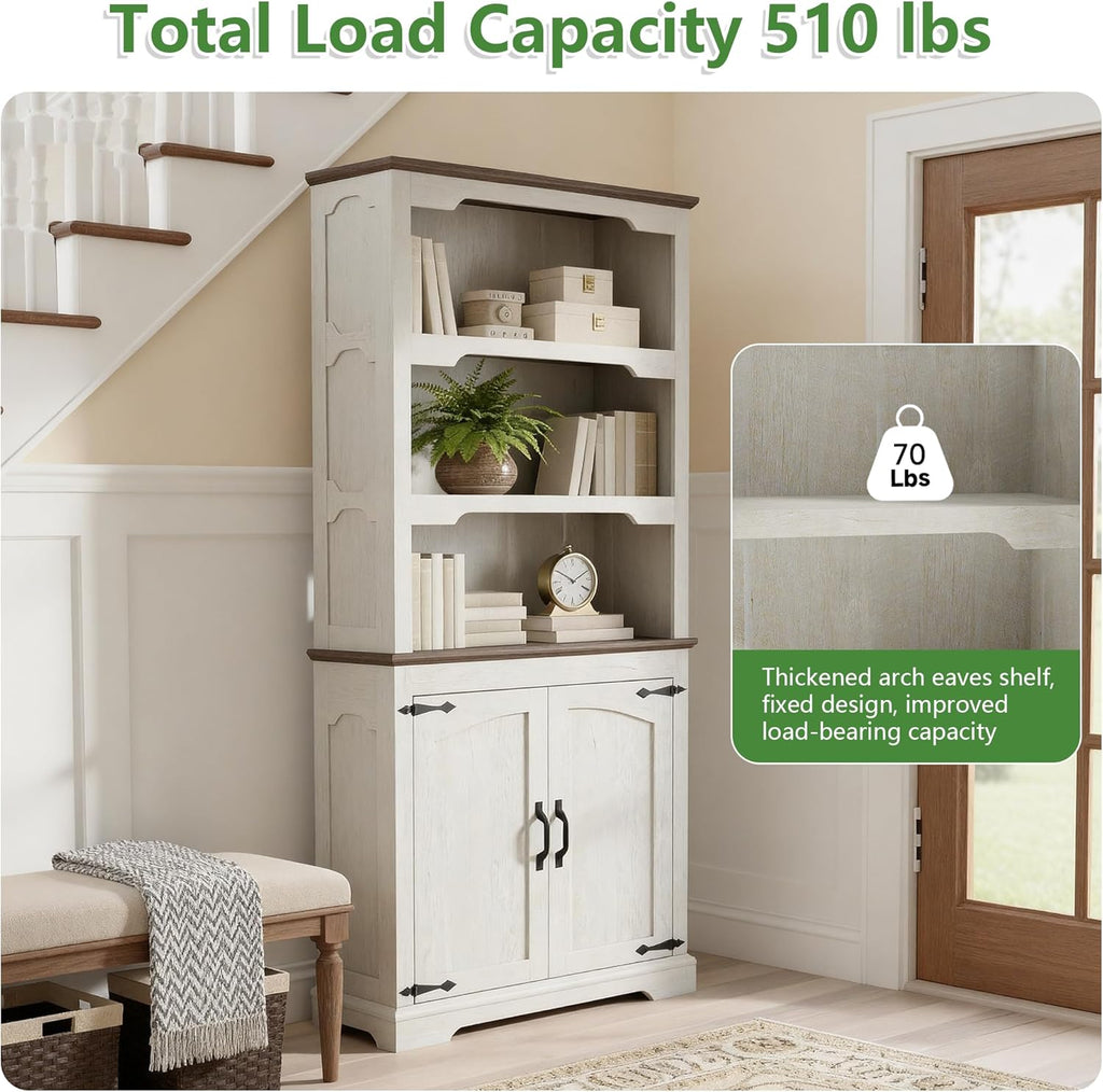 70 Inches Farmhouse Bookcase Bookshelf, Two-Tone Shelves, 5 Tier Bookshelf with Door Storage Arched Trim