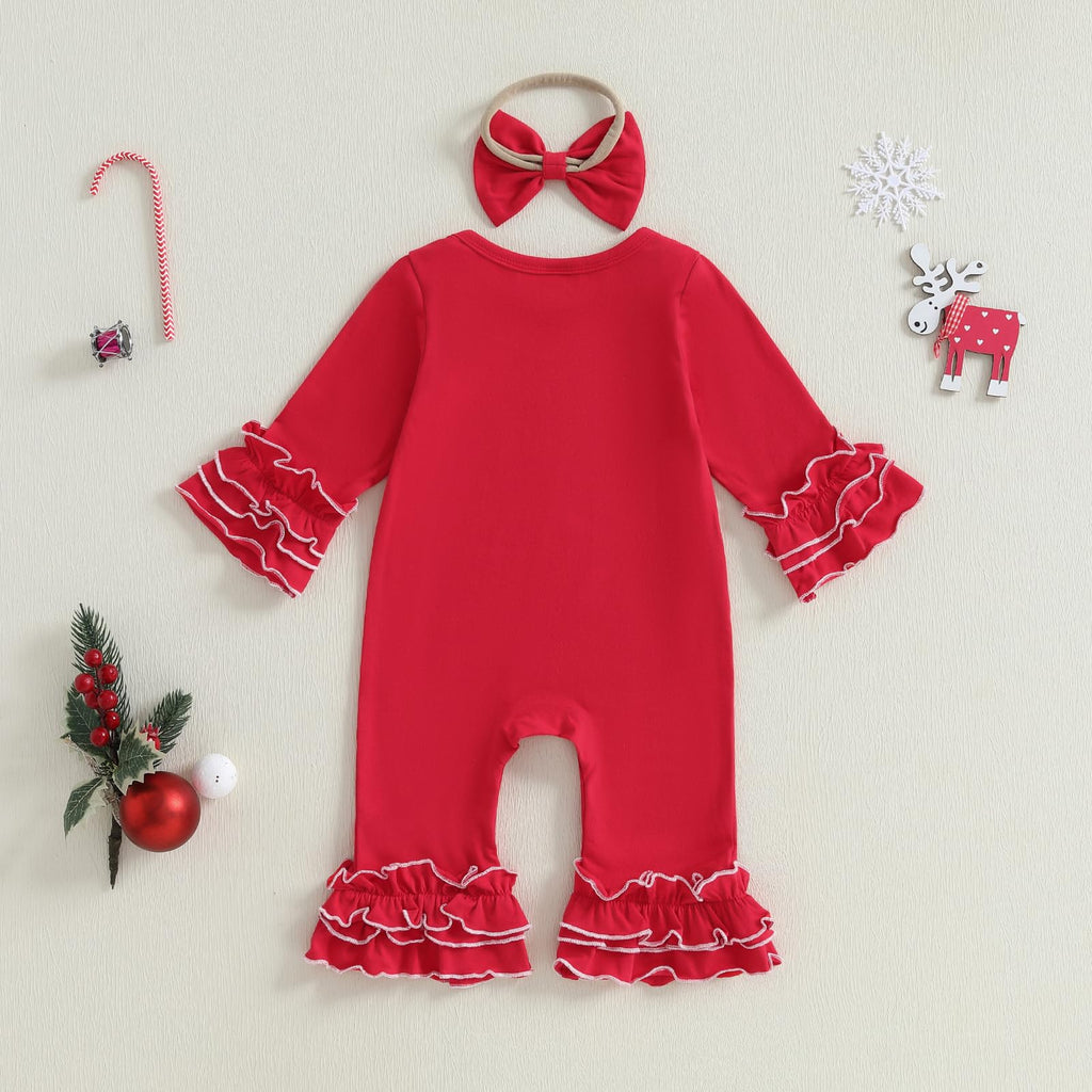 Newborn Baby Boy Girl Christmas Outfit Santa Baby Red Romper Flare Ruffle Jumpsuit Infant Fall Winter Clothes (Red