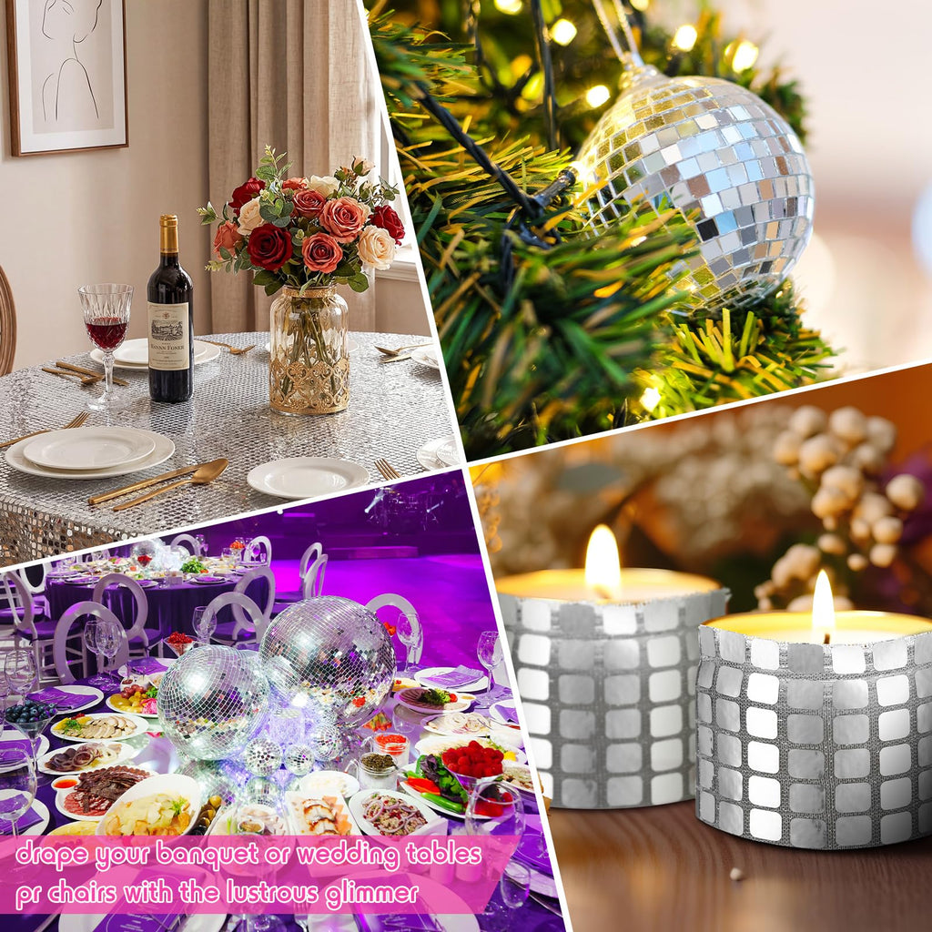 Disco Ball Fabric 35 x 71 Inch Silver Sequin Table Runner, Wide Sparkle Decorative Fabric for Disco Party