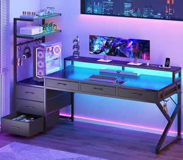 55" Gaming Desk with 6 Drawers and Hutch, Reversible, LED Lights | PC Desk with LED Lights,Power Outlet,Corner