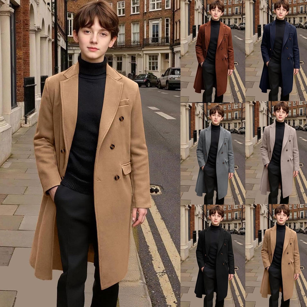 Unisex Kids Mid-Long Woolen Coats Elegant Double Breasted Warm Winter Trench Coat Outerwear Jackets for Girls Boys