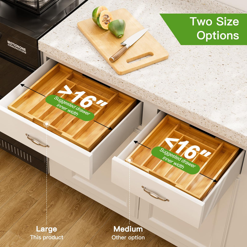 Expandable Bamboo Silverware Organizer, Large Kitchen Drawer Tray