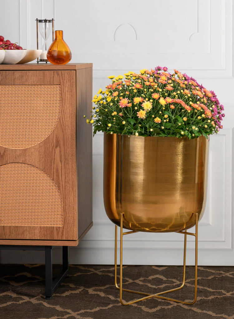Modern Mid‐Century Metal Indoor Planter with Stand, Gold Planter Pot, Indoor Plants - Decorative Planter Holder, 14"