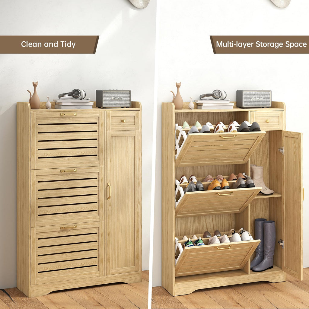 Shoe Cabinet Storage, Shoe Storage Cabinet with 3 Flip Drawers, Drawer & Adjustable Shelves, Slim Shoe Organizer