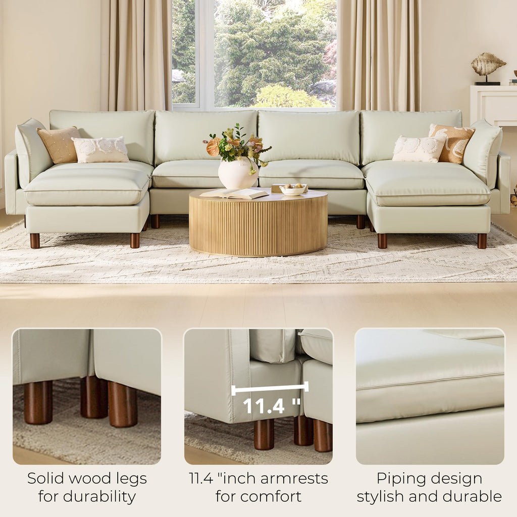 127" Leather Super Large Sectional Couches, Modular Sofa, Premium Genuine Leather Sofa, Down Filled, High Density