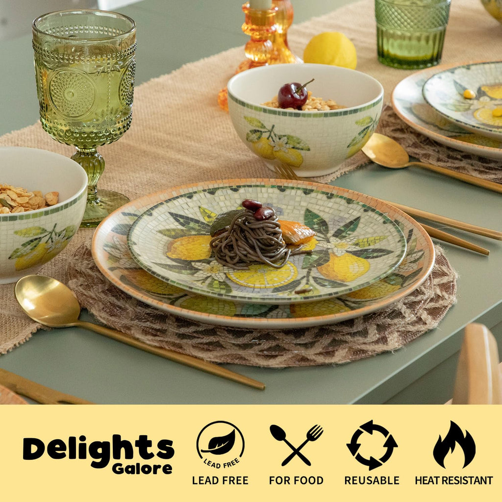 12-Piece Ceramic Dinnerware Set for 4, Lemon Mosaic Printed Plates and Bowls Set, Mediterranean Style Matte Stoneware