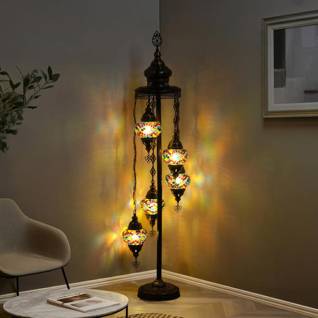 Turkish Mosaic Floor Lamp, 5 Globe, Rainbow