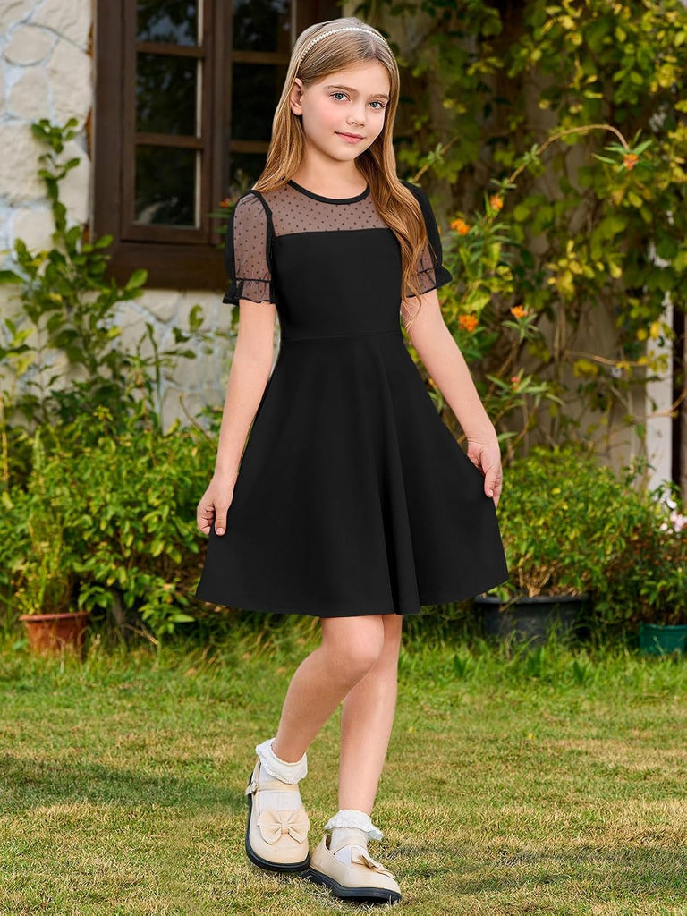 Girls Contrast Mesh Puff Sleeve Dress Kids Casual Party Dress