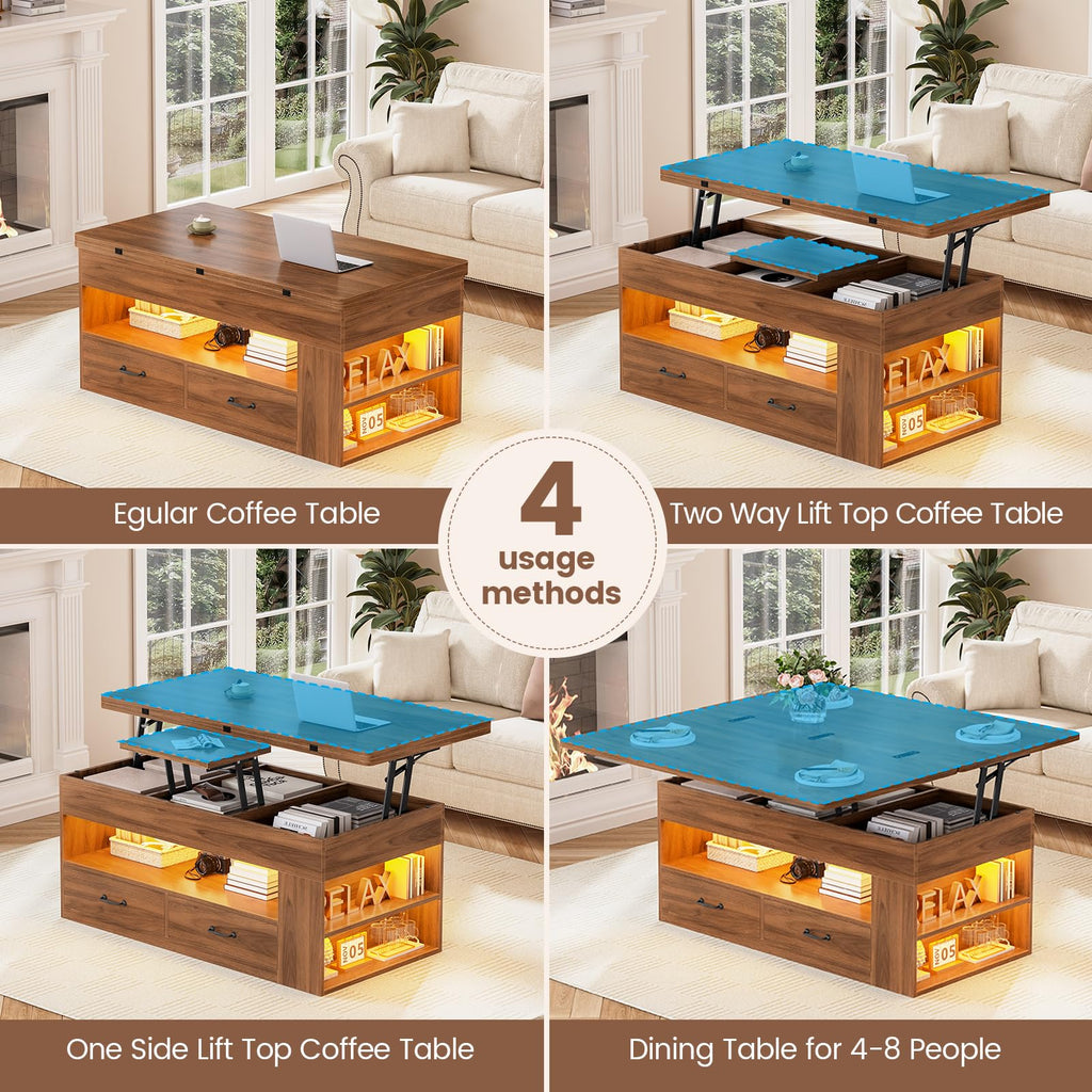 Lift Top Coffee Table, 4 in 1 Coffee Tables with Storage and Hidden Compartment, Farmhouse Coffee Table with 2 Fabric