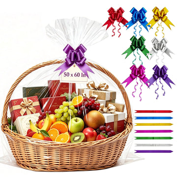 7 Pcs 50"x60" Cellophane Bags for Gift Basket Wrap With Bows