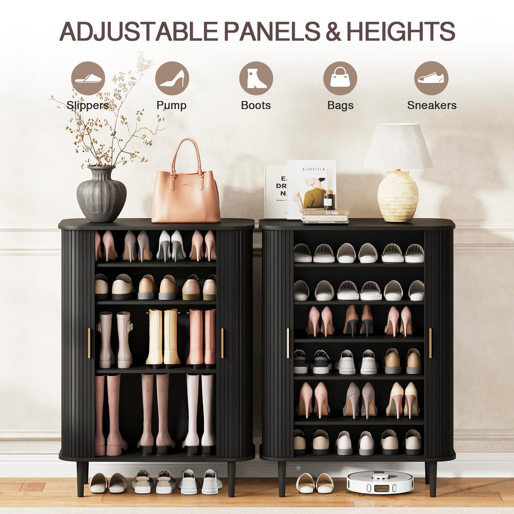 Shoe Storage Cabinet with Sliding Door, 6-Tier Shoe Cabinet with Adjustable Shelves, Mid-Century Modern Freestanding