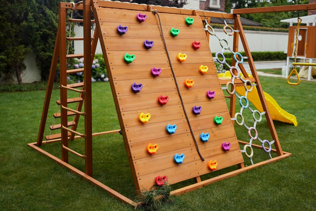 Sycamore Wooden Swing Set with Climbing Ladder, 2 Belt Swings & Trapeze Bar - Outdoor Backyard Jungle Gym Playground