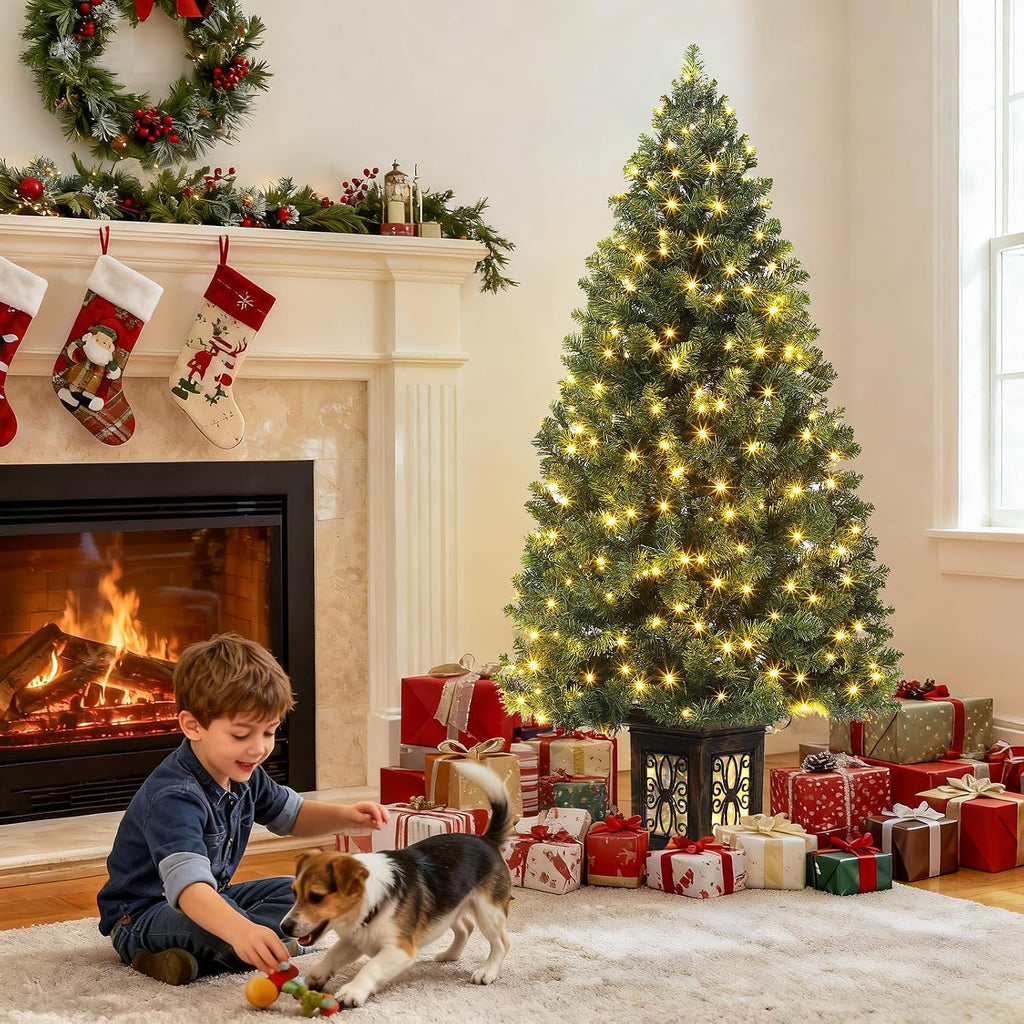 4.5 Ft Artificial Fiber Optic Christmas Tree, Pre-Lit Artificial Potted Xmas Tree with 300 Led Lights, 8 Lighting