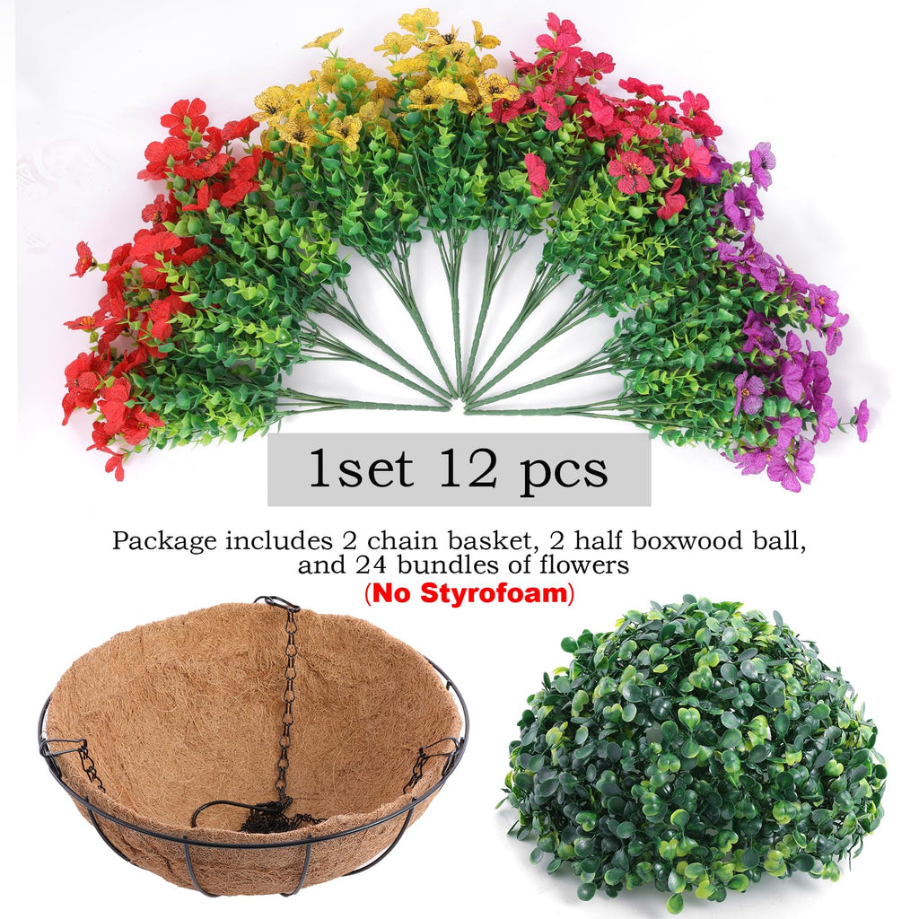 2 Set Artificial Outdoor Flowers with Hanging Basket, 2 Hanging Planters with 24 Pcs Flowers for Spring Summer Front
