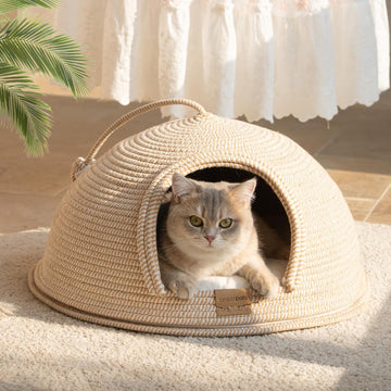 Cat Cave Bed with Washable Cushion and Ball, Handwoven Cotton Rope Cat Basket Bed for Indoor Cats Bed Covered, 3-in-1
