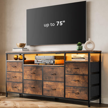 63.3 in Dresser, 10 Drawer Dresser TV Stand for 65 70 75 in TV, Fabric Chest of Drawers with LED Lights & Power
