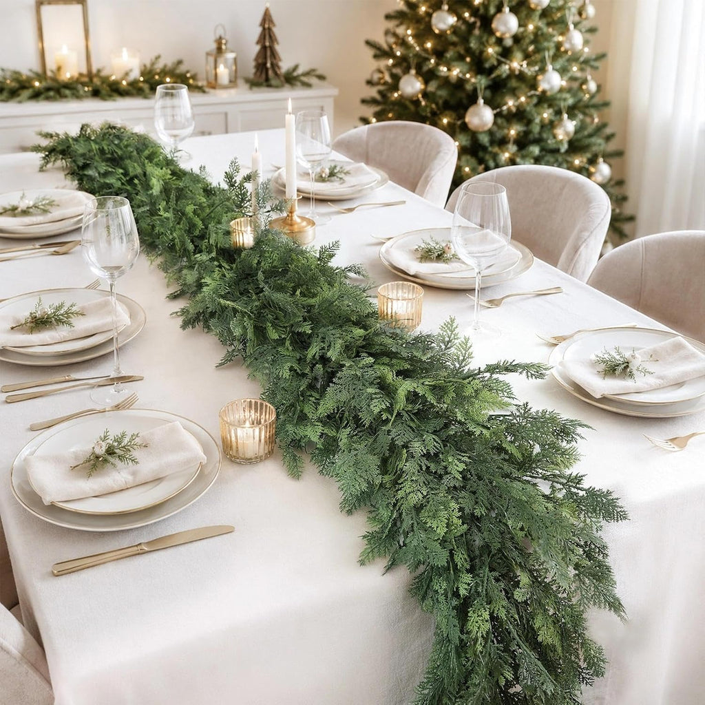 Christmas Garland 9FT Decorations Real Touch Cedar Cypress Pine Greenery Artificial Green Christmas Garland - Set of 9