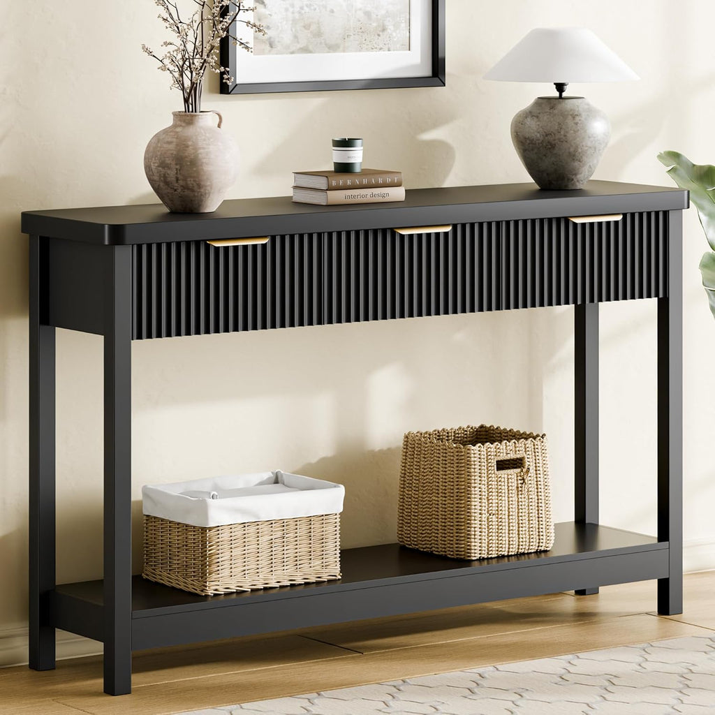 Fluted Console Table, 51 Inch Entryway Table with 3 Drawers | Scandi farmhouse look with quiet full-extension slides