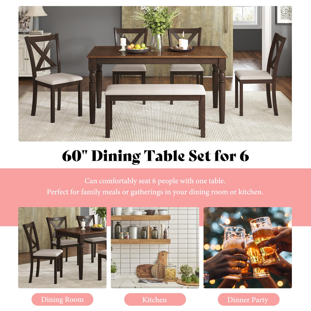 6 Piece Farmhouse Dining Set with 60" Solid Wood Table, Brown