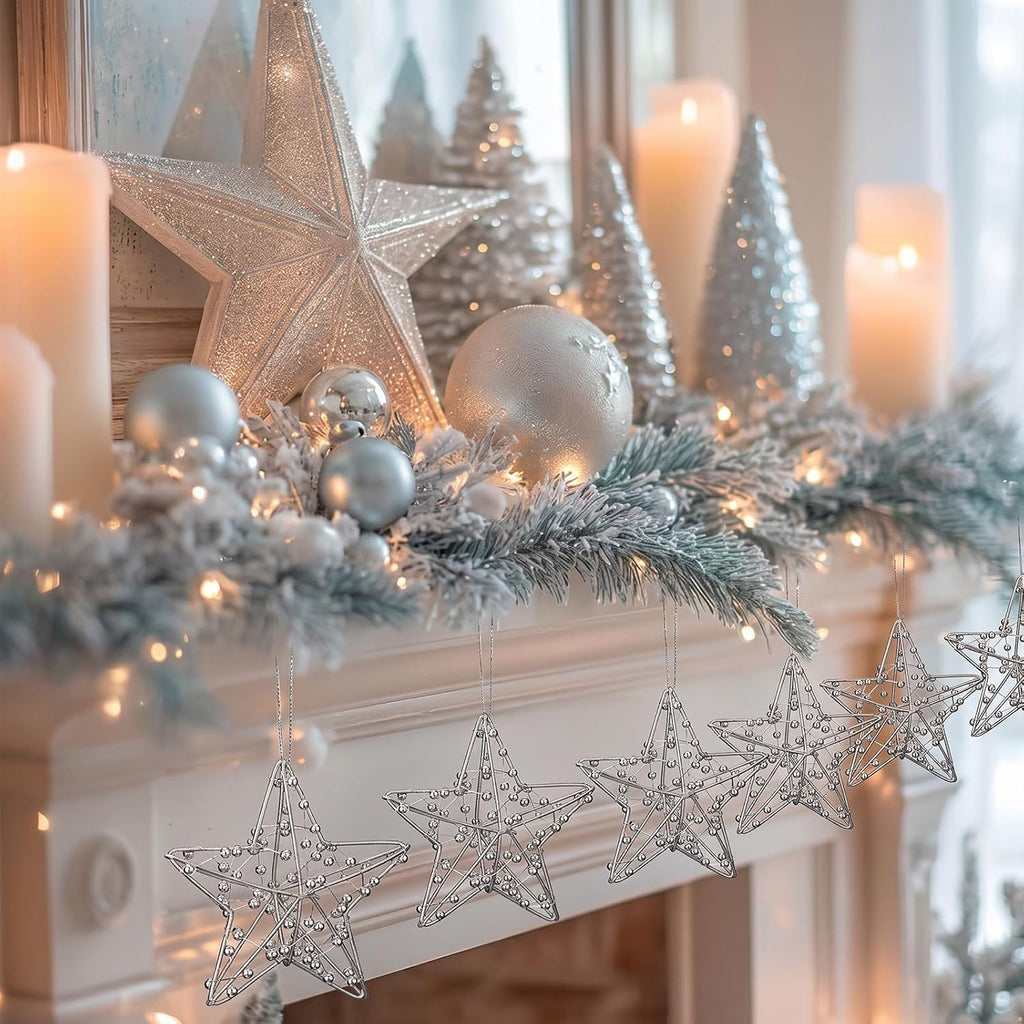 2.8" Beaded Silver Star Ornaments 3D Metal Christmas Decor - Set of 12