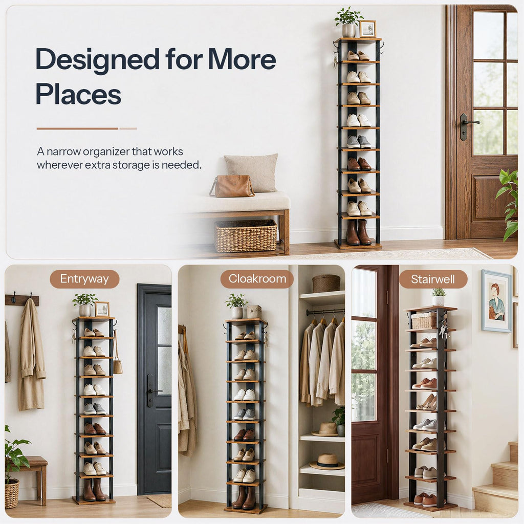 10 Tiers Vertical Shoe Rack, Wooden Shoe Storage Organizer with Hooks, Narrow Shoe Tower for 10 Pairs, Space Saving