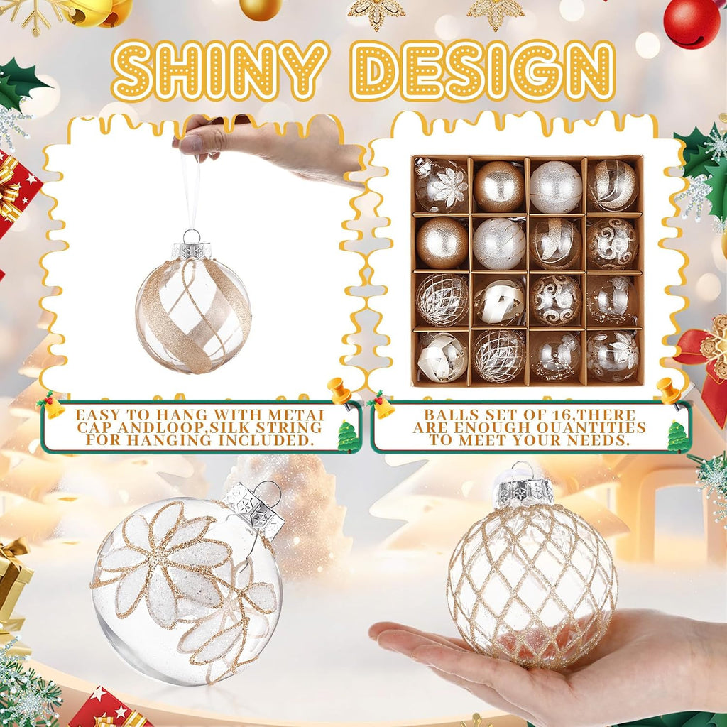 16 Pcs Champagne Clear Christmas Ball Ornaments Set