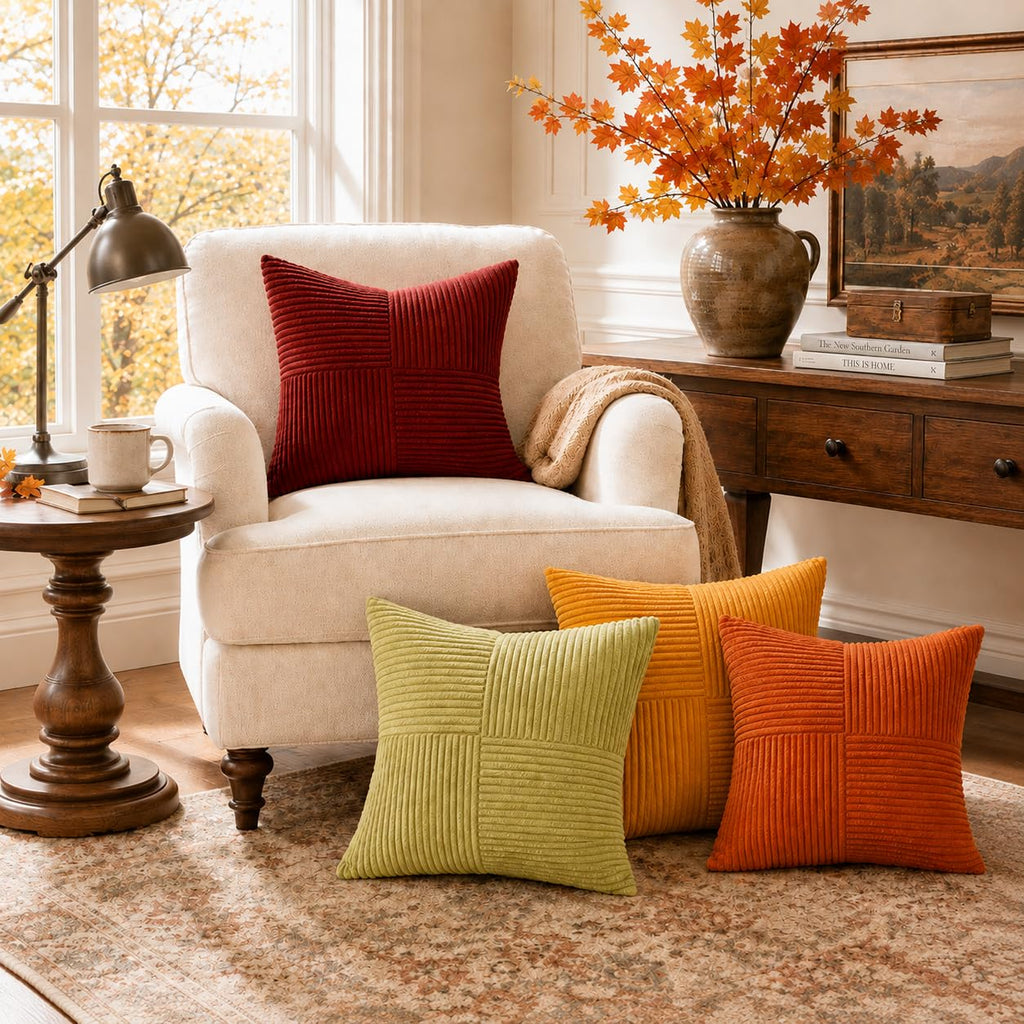 Fall Burnt Orange Decorative Throw Pillows Covers 18x18, Soft Corduroy Square Throw Pillow Covers Set of 4, Western