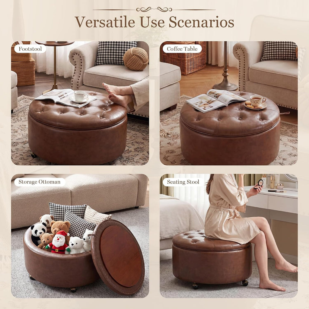 29" Large Round Storage Ottoman with Tray , Brown | Modern PU Leather Coffee Table Ottoman with Storage & Wheels