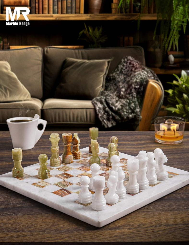 Marble Chess Set 12 Inch White and Green Handmade Board Game with Storage Box, Classic Travel Chess Set for Adults - Set of 35