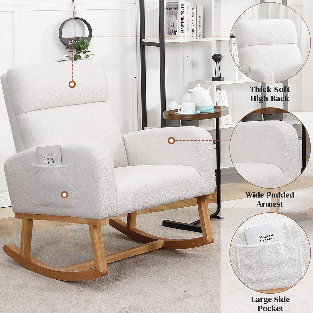 Rocking Chair Nursery, Sherpa Nursing Rocking Armchair for Mom Nursery Morden Rocker Chair with High Backrest,Teddy